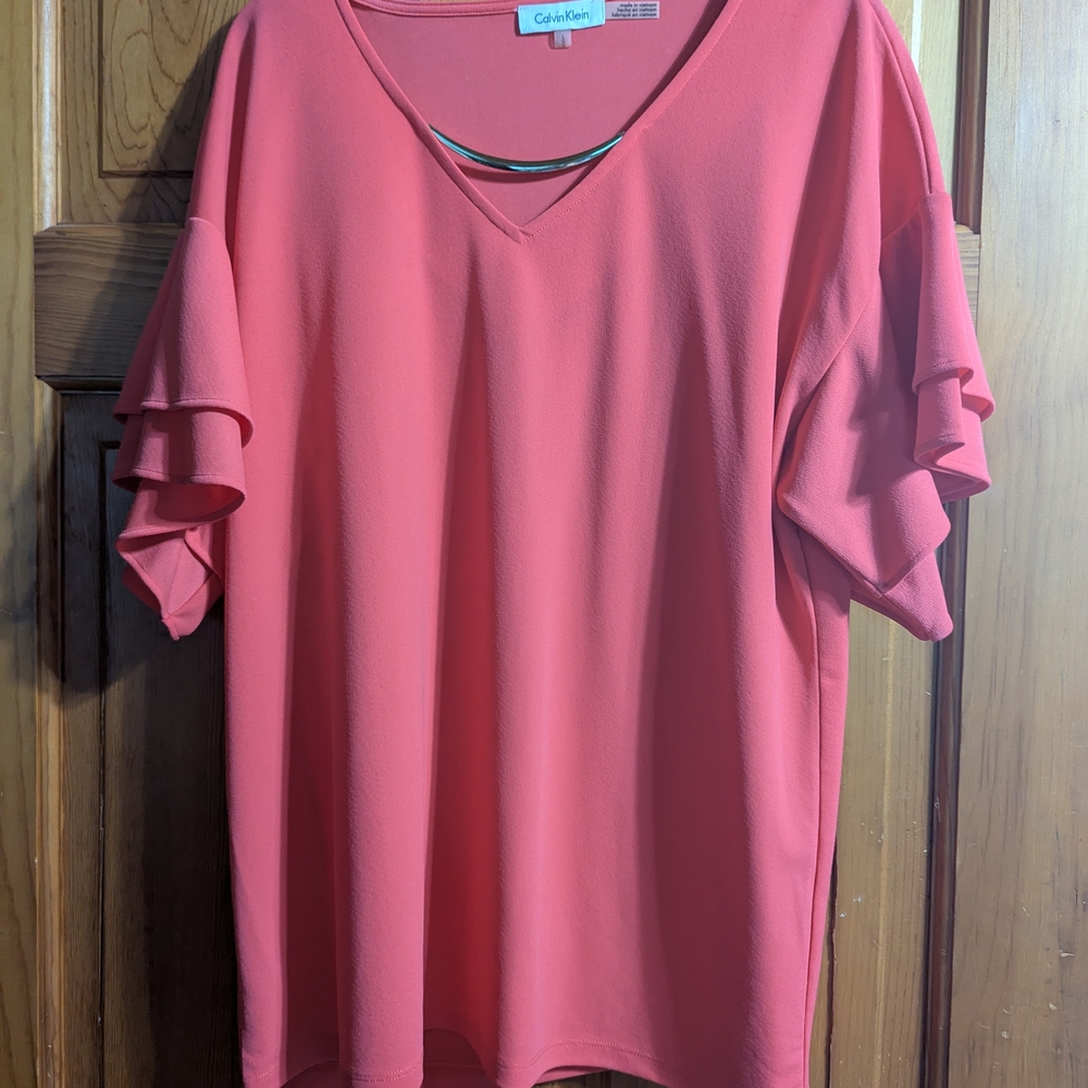 Calvin Klein Coral Ruffle Sleeve Blouse XL